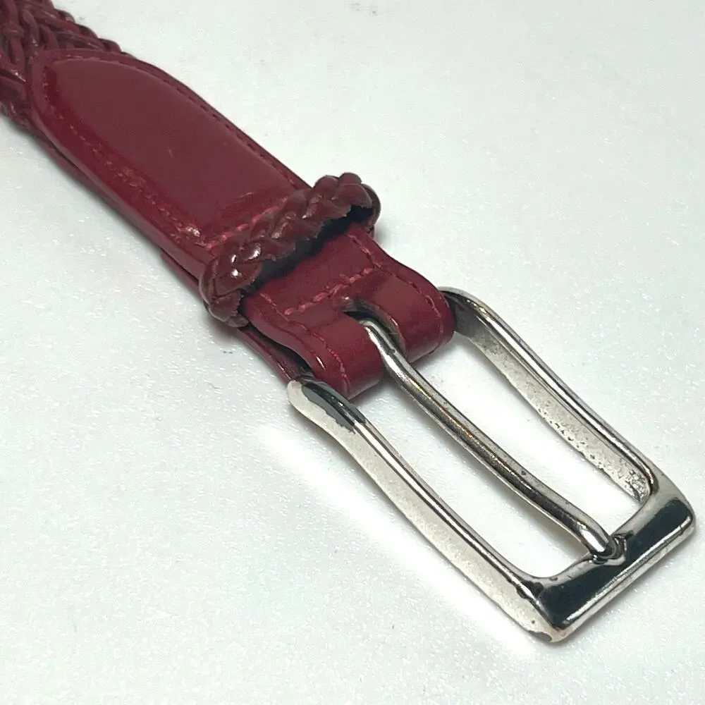 Lands End Leather Braided Skinny Belt Size Small Classic Red Woven Brass Buckle
